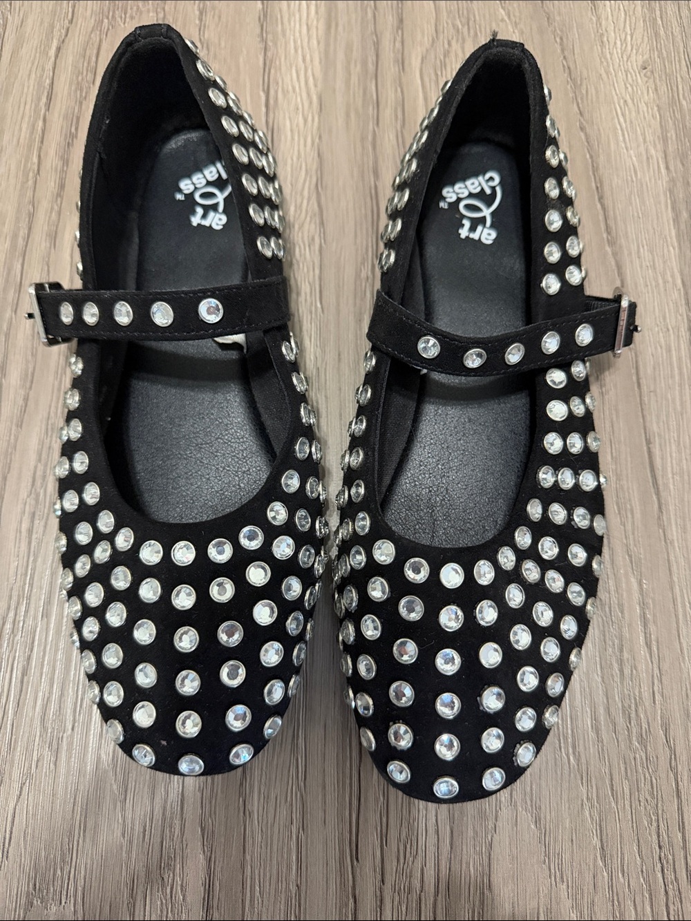 art class Black Mary Jane Flats with Clear Jewel Studs